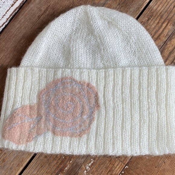 Anthropologie Rose Cashmere Embroidered Beanie
